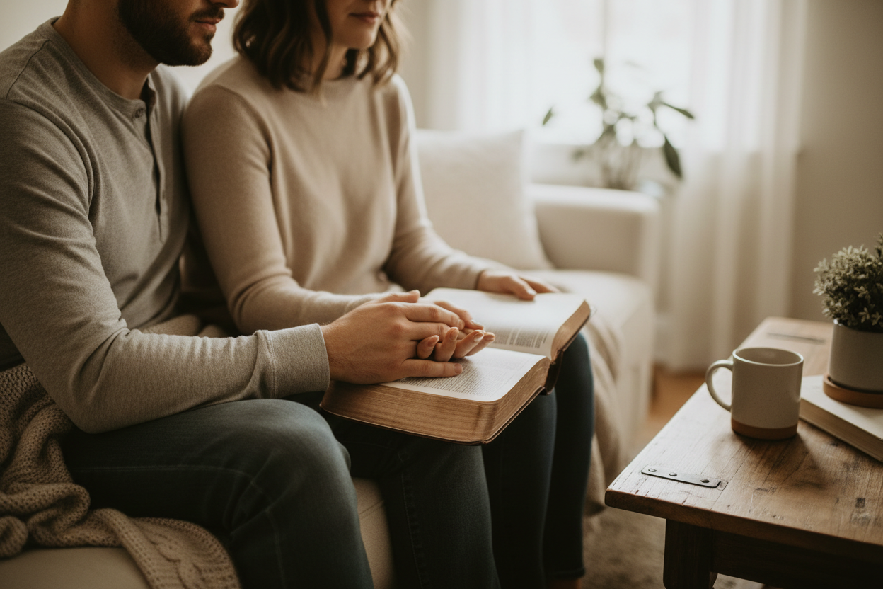 haz una imagen de una pareja de hombre y mujer haciendo juntos un devocional, no se ven sus rostros, estetica como la de las demas imagenes